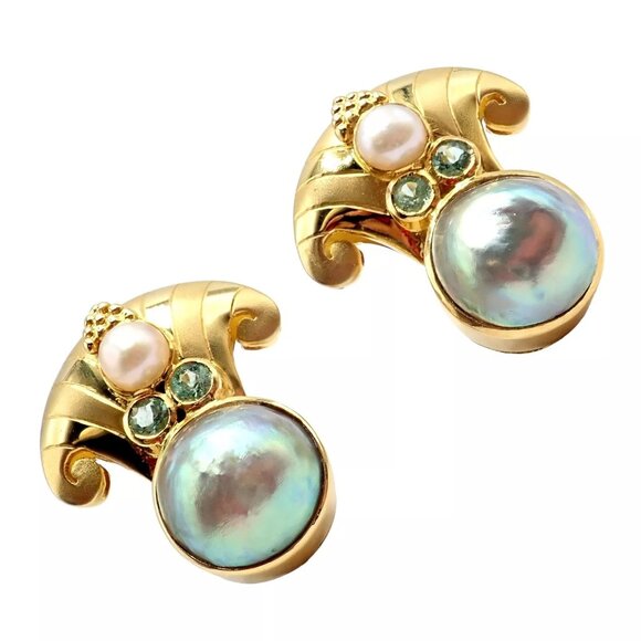 Rare! Vintage Paula Crevoshay 18k Gold Abalone Pearl Blue Gemstone Earrings OOAK - Picture 8 of 15